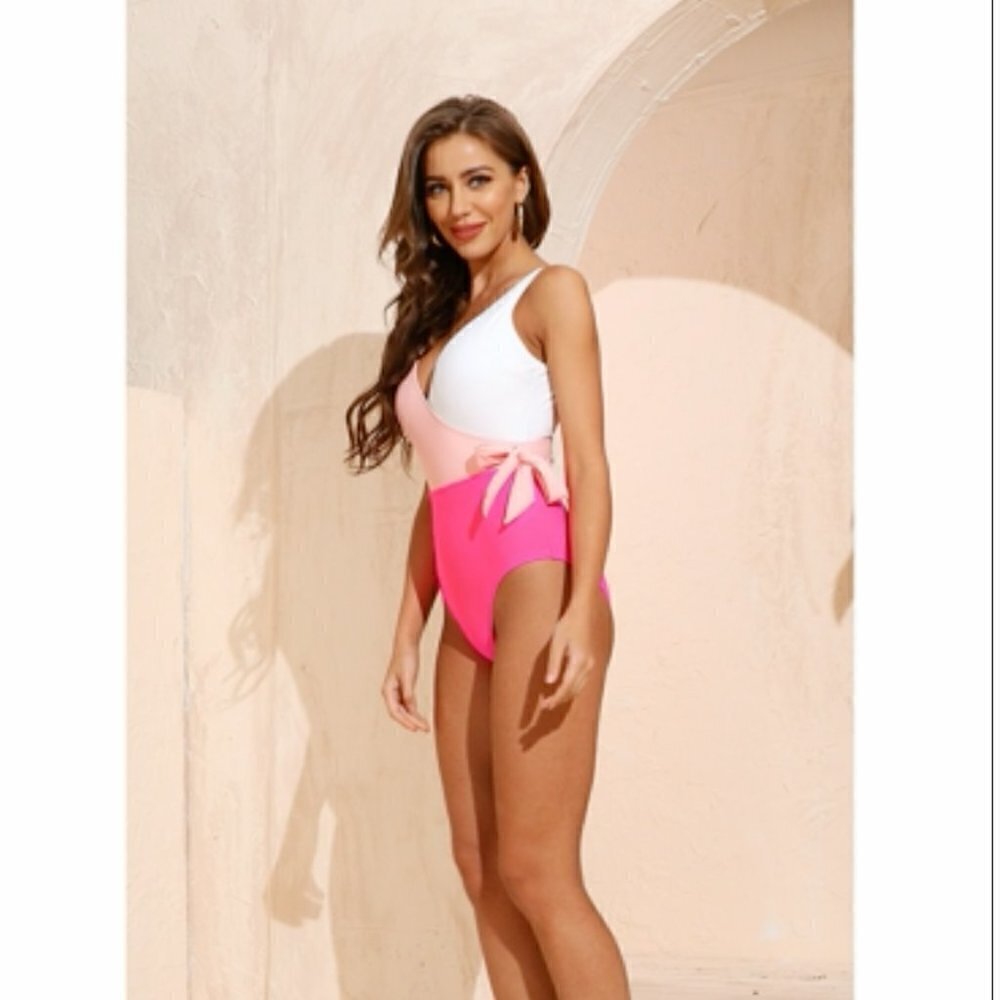 SweatyRocks One Piece V Neck Tie Front Pink & White Color Block Bathing Suit L